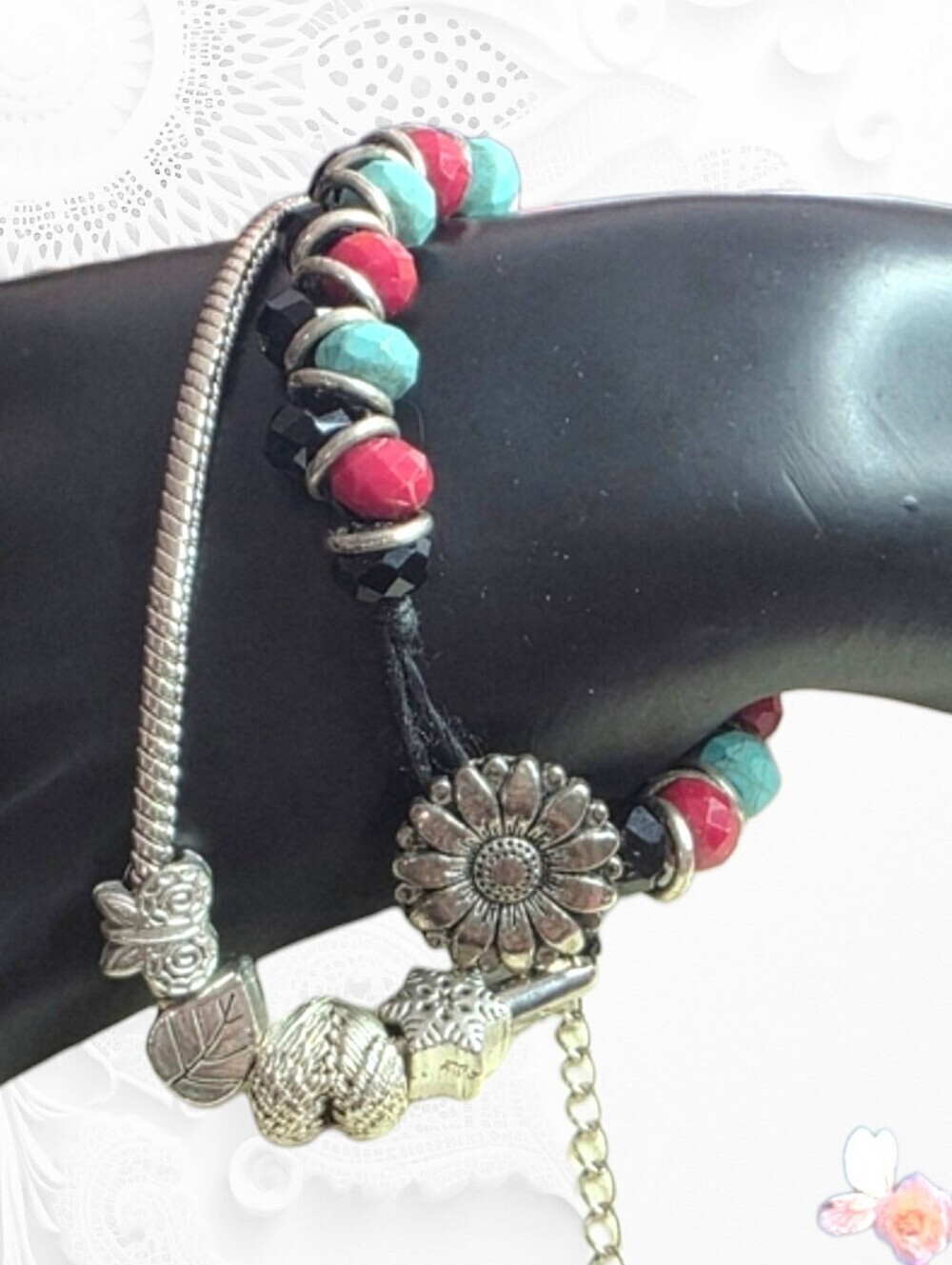 Silver Charm and Multicolor Daisy Beaded Bracelet Set 765